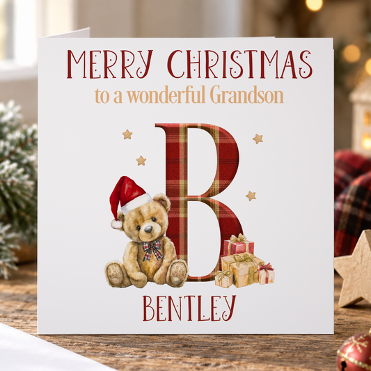 Personalised Grandson Christmas Card – Teddy Bear & Red Initial Monogram, 6x6