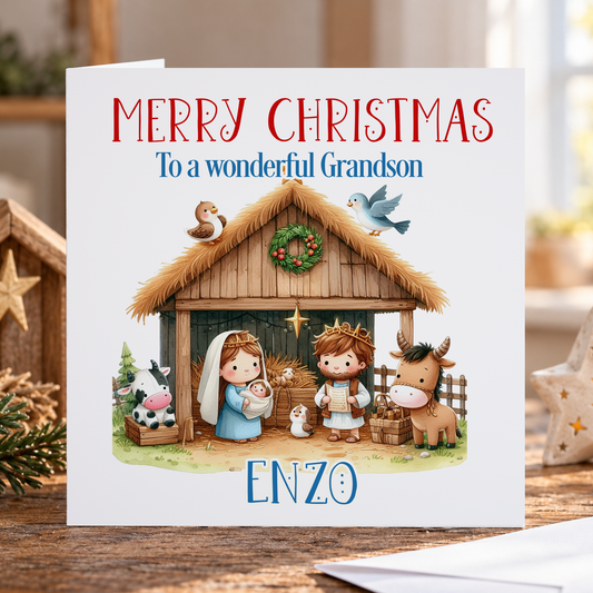 Personalised Grandson Nativity Christmas Card – Mary, Joseph & Stable Scene, 6x6