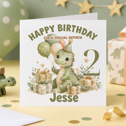 Personalised Green Dinosaur Birthday Card, Any Age, Name & Relation, 6x6 Inch