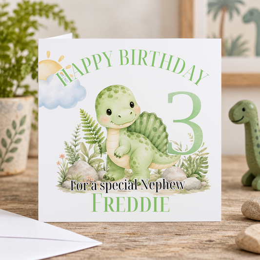 Personalised Green Dinosaur Birthday Card – Dino Design with Name, Age & Relation