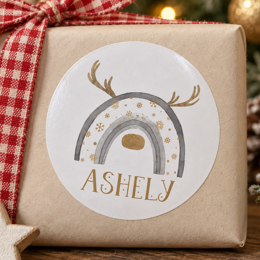 Personalised Grey Rainbow Reindeer Stickers – Glossy Christmas Gift Labels, Any Name