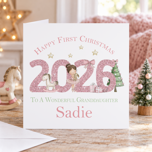 Personalised Happy First Christmas Card for Granddaughter – Pink Numbers & Teddy