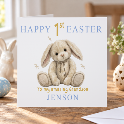 Personalised Happy First Easter Card, Beige Bunny, Any Name & Relation, 6x6 Inch