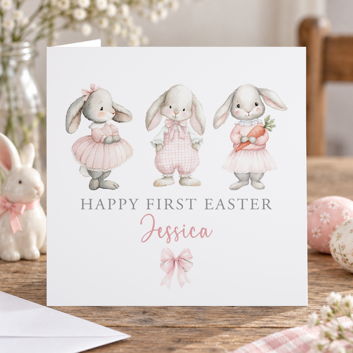 Personalised Happy First Easter Card, Three Pink Bunnies, Any Name, 6x6 Inch