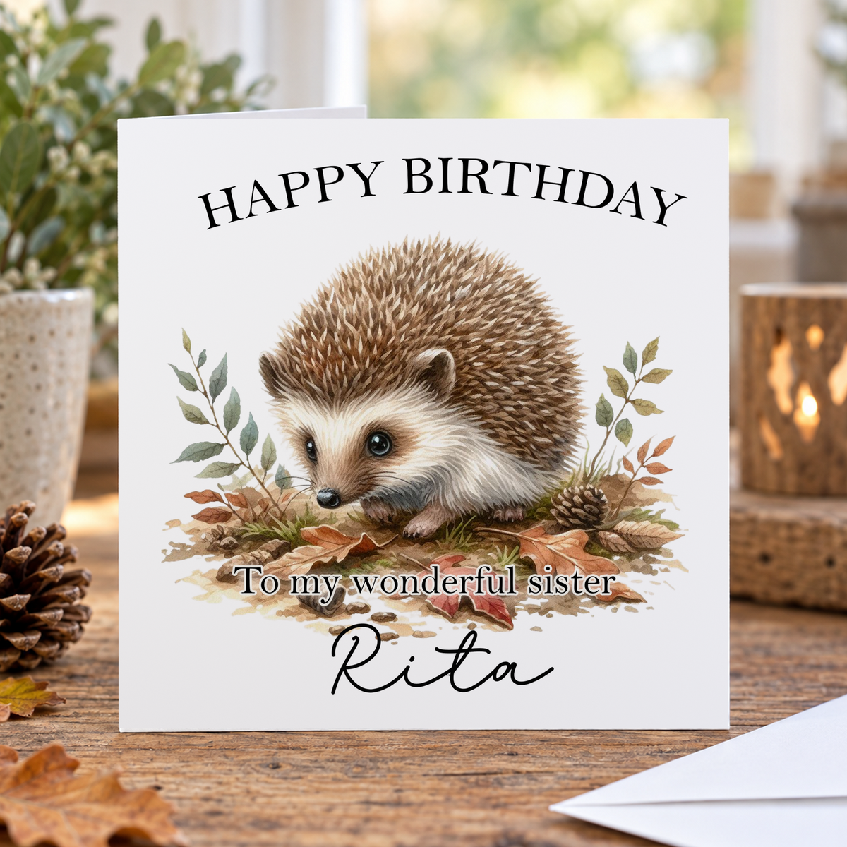 Personalised Hedgehog Birthday Card, Any Name & Relation, 6x6 Inch