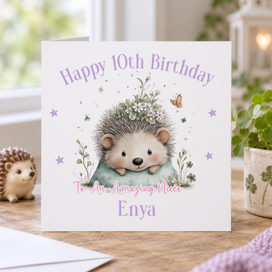 Personalised Hedgehog Birthday Card – Floral Woodland Design, Name, Age & Relation