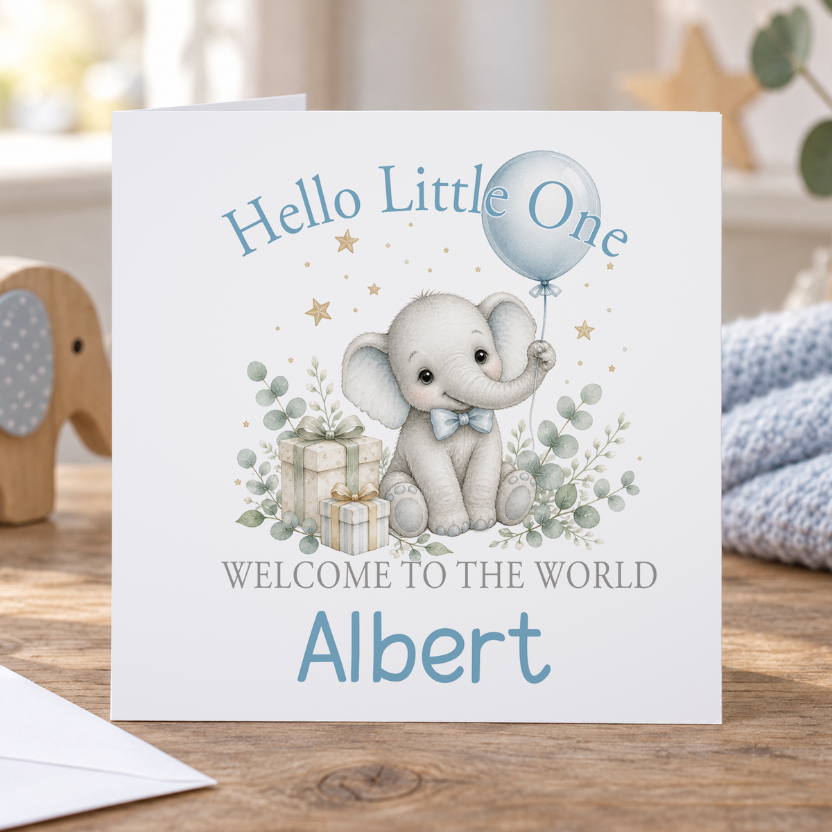 Personalised Hello Little One New Baby Card, Grey Elephant, Any Name, 6x6 Inch