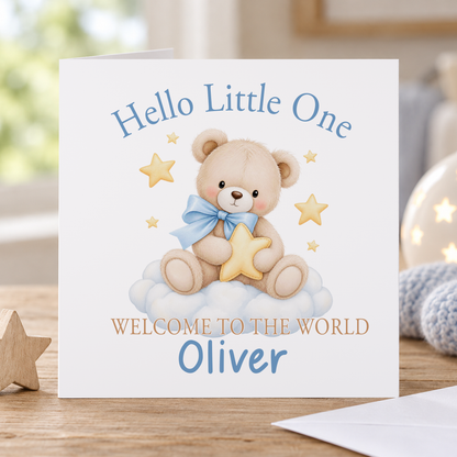 Personalised Hello Little One New Baby Card, Teddy on a Cloud, Any Name, 6x6 Inch