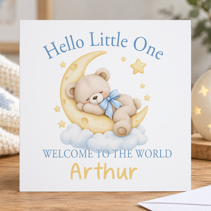 Personalised Hello Little One New Baby Card, Teddy on the Moon, Any Name, 6x6 Inch