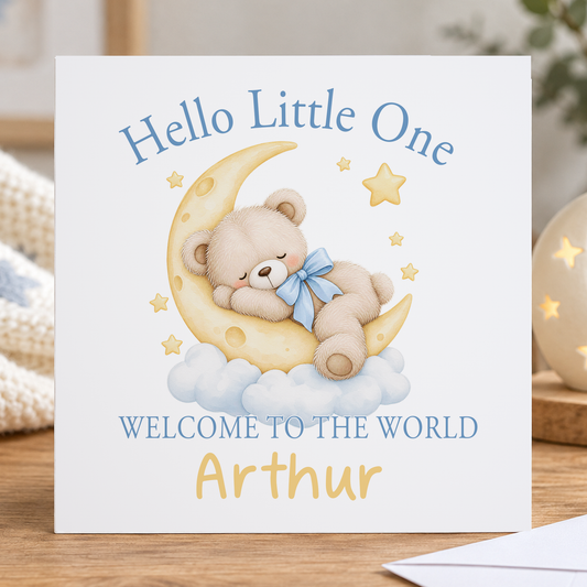 Personalised Hello Little One New Baby Card, Teddy on the Moon, Any Name, 6x6 Inch