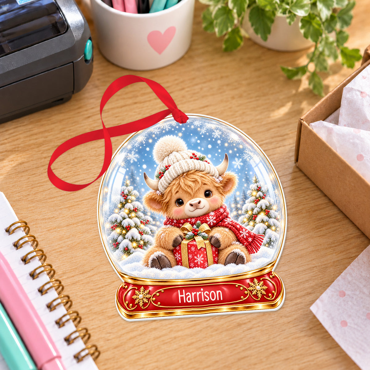 Personalised Highland calf snow globe bauble with name, white acrylic Christmas decoration with ribbon, shown on a desk