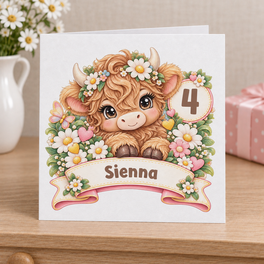 Personalised Highland Cow Birthday Card, Any Age & Name, 6x6 Inch