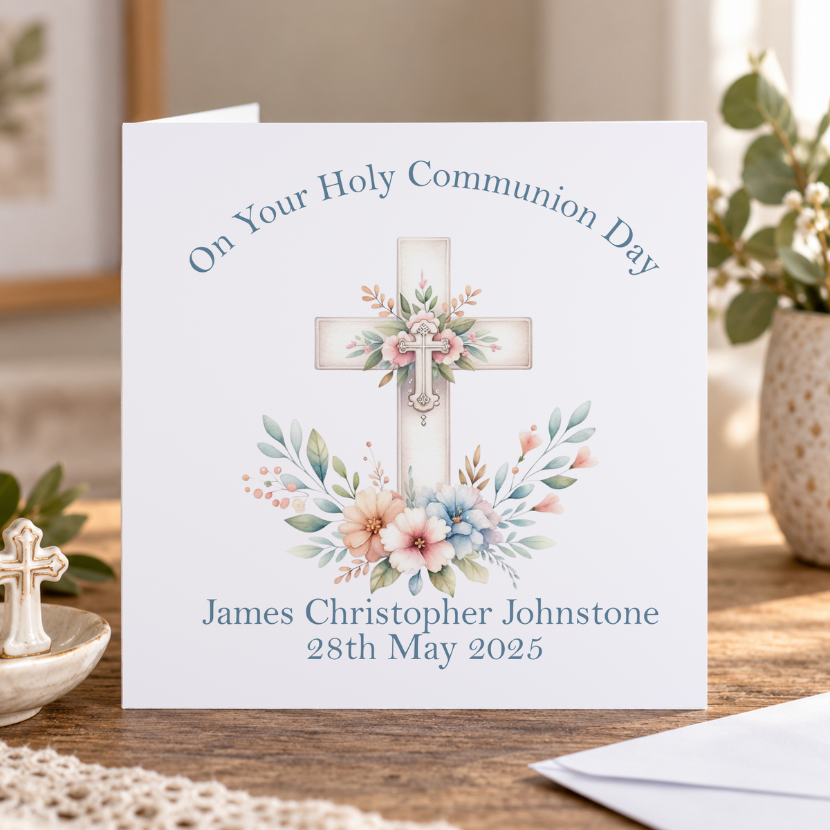 Personalised Holy Communion Card, Blue Cross and Flowers, Any Name & Date, 6x6 Inch