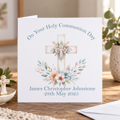 Personalised Holy Communion Card, Blue Cross and Flowers, Any Name & Date, 6x6 Inch