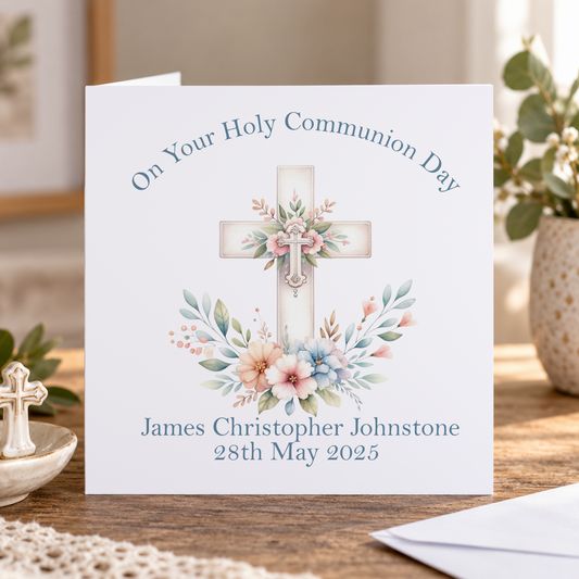 Personalised Holy Communion Card, Blue Cross and Flowers, Any Name & Date, 6x6 Inch