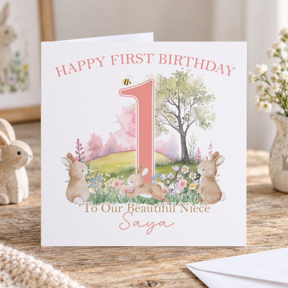 Personalised Hop Little Bunny 1st Birthday Card, Any Name & Relation, 6x6 Inch