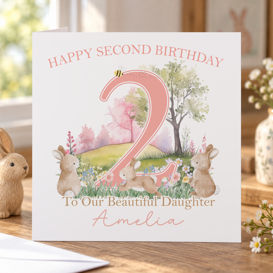 Personalised Hop Little Bunny 2nd Birthday Card, Any Name & Relation, 6x6 Inch