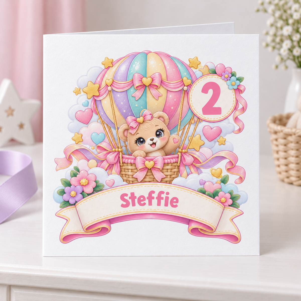 Personalised Hot Air Balloon Teddy Birthday Card, Any Age & Name, 6x6 Inch