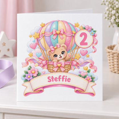 Personalised Hot Air Balloon Teddy Birthday Card, Any Age & Name, 6x6 Inch