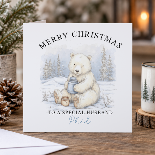 Personalised Husband Christmas Card – Polar Bear Building a Snowman, 6x6 Inch