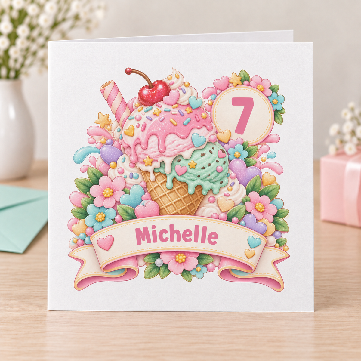 Personalised Ice Cream Birthday Card, Any Age & Name, 6x6 Inch
