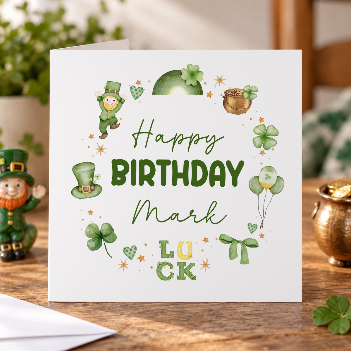 Personalised Irish Birthday Card, Shamrocks and Lucky Charms, Any Name, 6x6 Inch