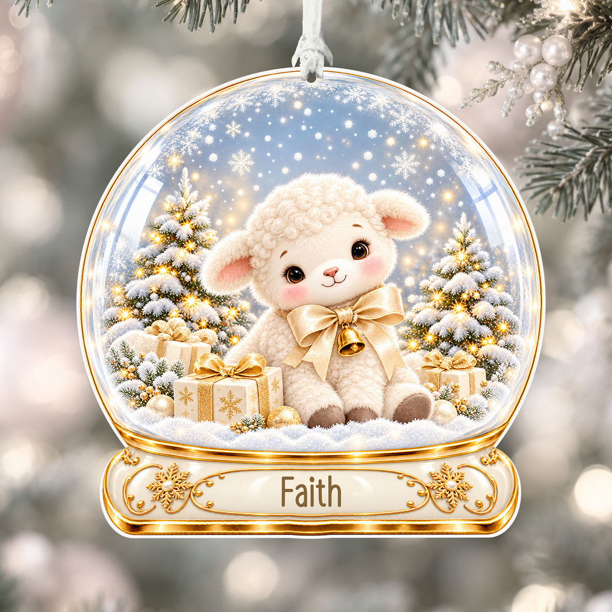 Personalised ivory lamb acrylic snow globe Christmas bauble with custom name, hanging on a Christmas tree with white ribbon