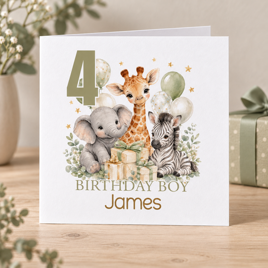 Personalised Jungle Animals Birthday Card, Safari Any Age & Name, 6x6
