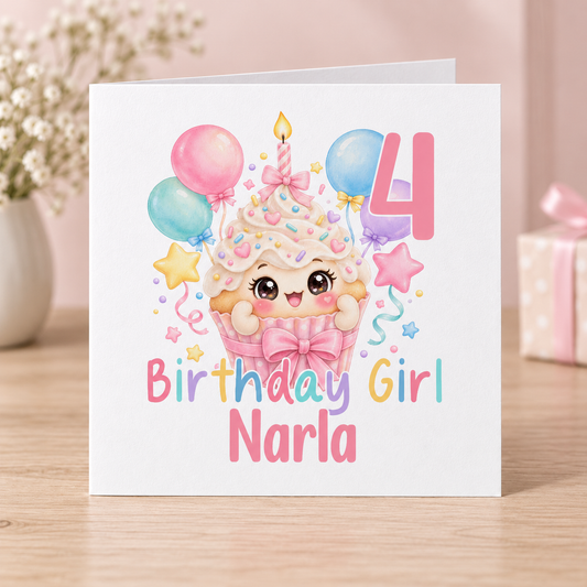 Personalised Kawaii Cupcake Birthday Card, Any Age & Name, 6x6 Inch