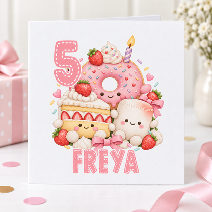 Personalised Kawaii Donut and Cake Birthday Card, Any Age & Name, 6x6 Inch