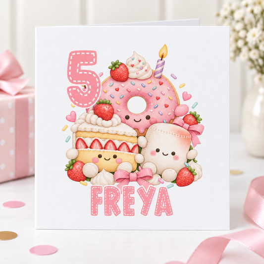 Personalised Kawaii Donut and Cake Birthday Card, Any Age & Name, 6x6 Inch