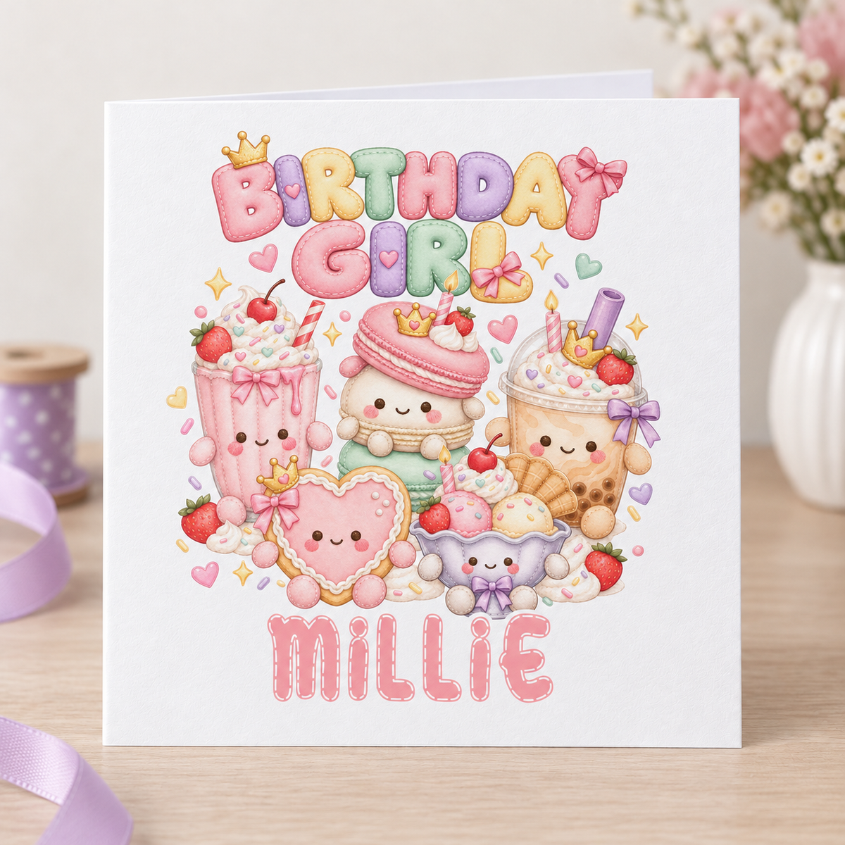 Personalised Kawaii Sweet Treats Birthday Card, Birthday Girl, Any Name, 6x6 Inch