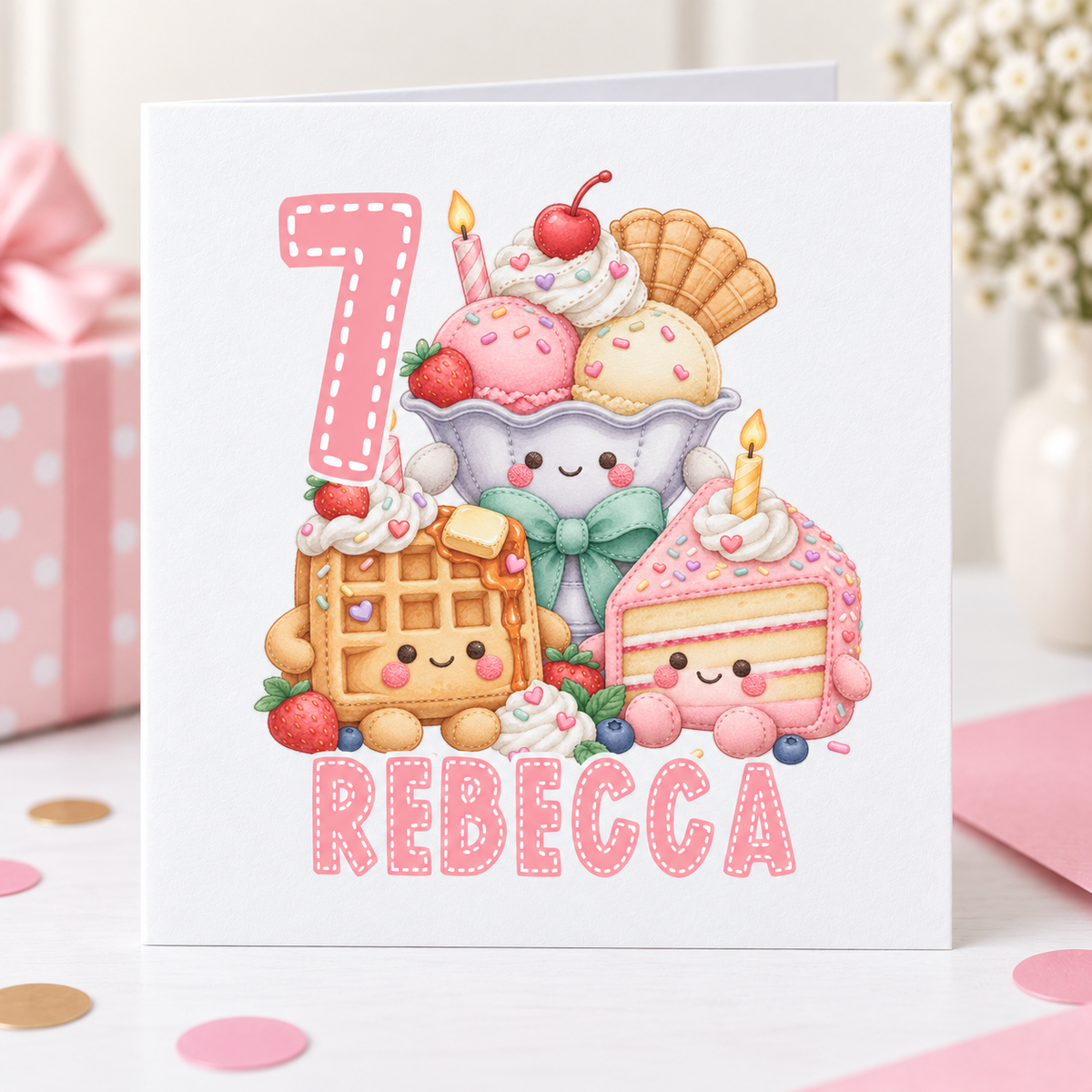 Personalised Kawaii Waffle and Ice Cream Birthday Card, Any Age & Name, 6x6 Inch