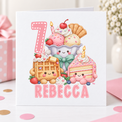 Personalised Kawaii Waffle and Ice Cream Birthday Card, Any Age & Name, 6x6 Inch