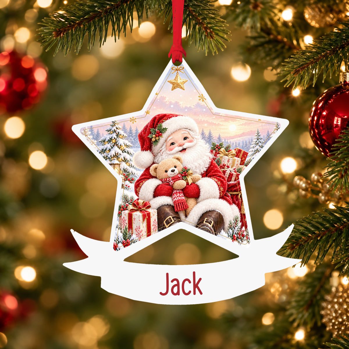 Personalised kind Santa with gifts acrylic star Christmas bauble with custom name, hanging on a Christmas tree with red ribbon