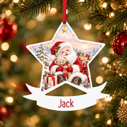 Personalised kind Santa with gifts acrylic star Christmas bauble with custom name, hanging on a Christmas tree with red ribbon
