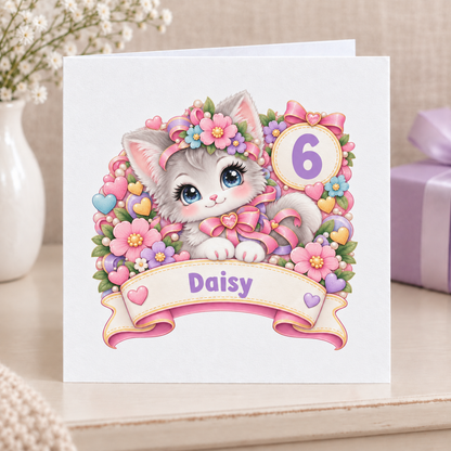 Personalised Kitten Birthday Card, Any Age & Name, 6x6 Inch