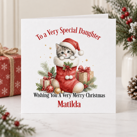 Personalised Kitten Christmas Card for Daughter – Santa Hat in a Stocking, 6x6