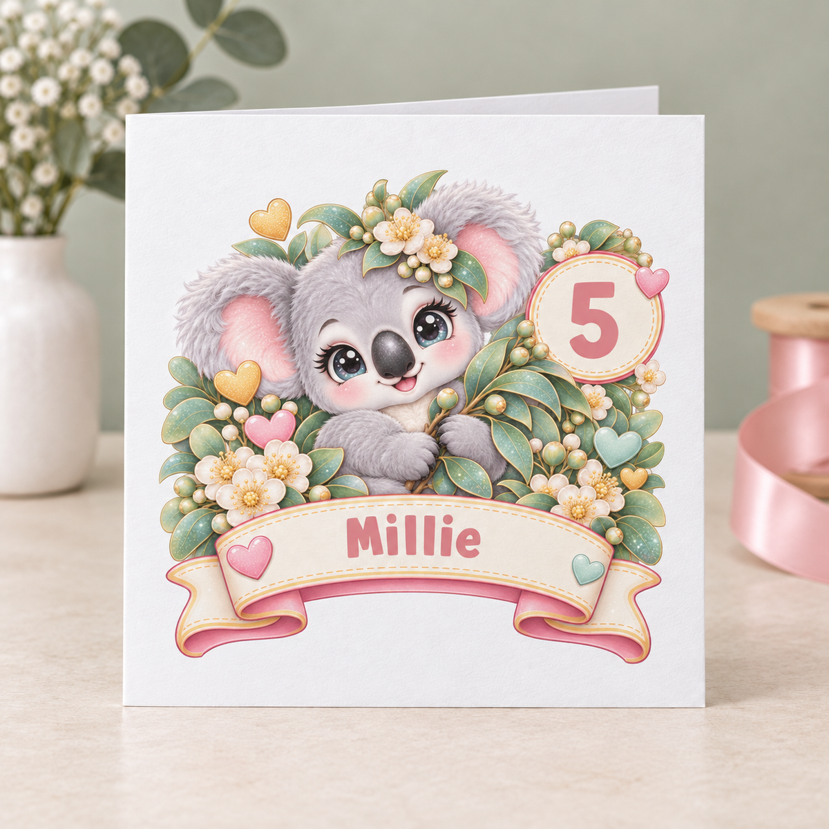 Personalised Koala Birthday Card, Any Age & Name, 6x6 Inch