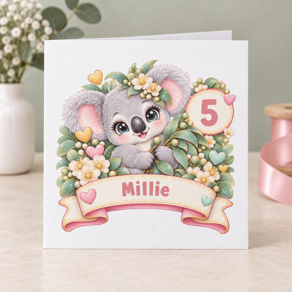 Personalised Koala Birthday Card, Any Age & Name, 6x6 Inch