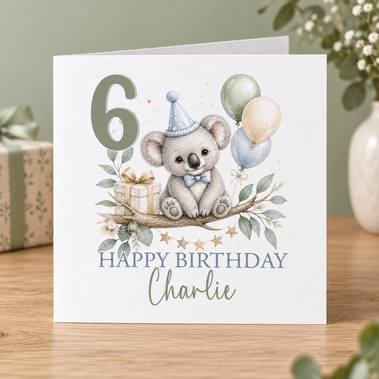 Personalised Koala Birthday Card, Sage Green, Any Age & Name, 6x6