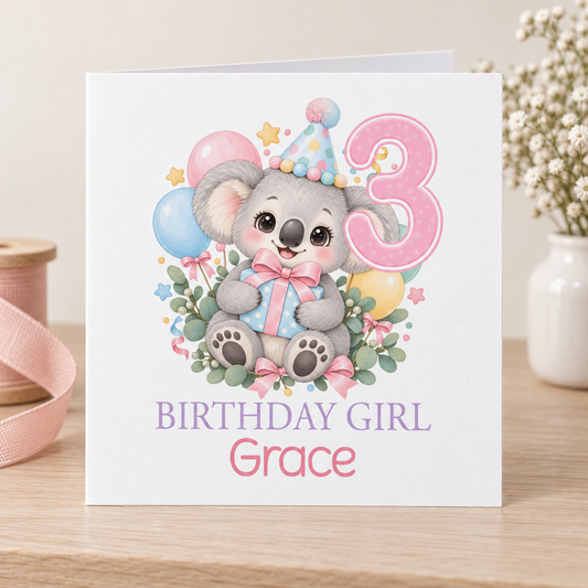 Personalised Koala Party Hat Birthday Card, Any Age & Name, 6x6 Inch