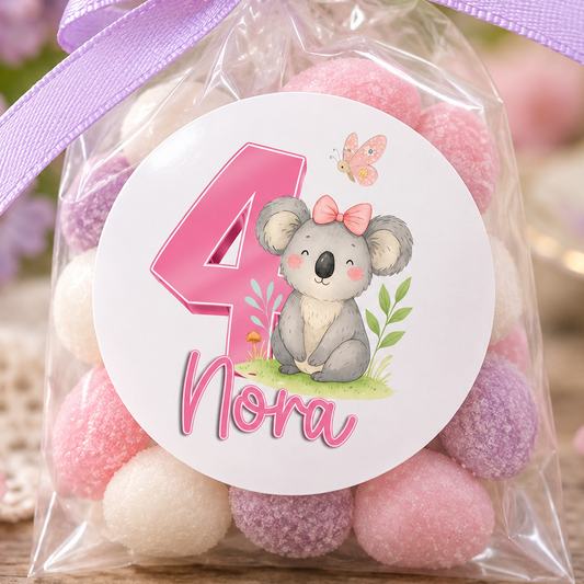 Personalised Koala Stickers – Pink Number Birthday Labels