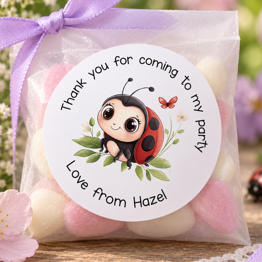 Personalised Ladybird Birthday Stickers – Round Name Labels for Party Bags