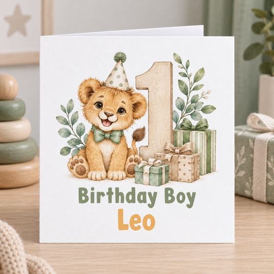 Personalised Lion 1st Birthday Card, Birthday Boy, Any Name, 6x6 Inch