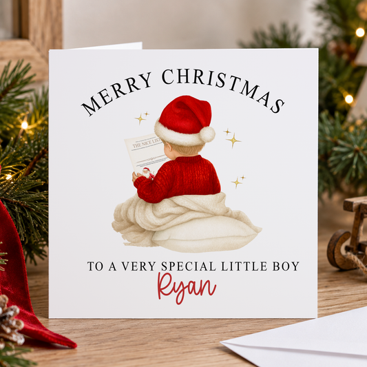 Personalised Little Boy Christmas Card – Sleeping Baby in a Santa Hat, 6x6