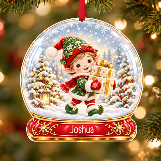 Personalised little elf with gifts acrylic snow globe Christmas bauble with custom name, hanging on a Christmas tree with red ribbon