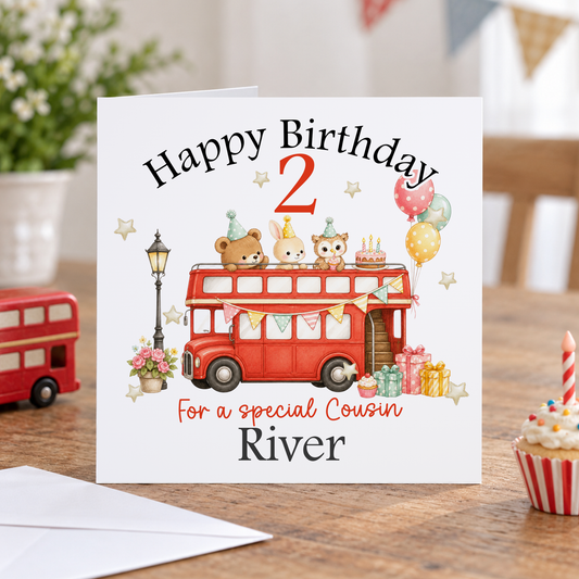 Personalised London Bus Birthday Card, Any Age, Name & Relation, 6x6