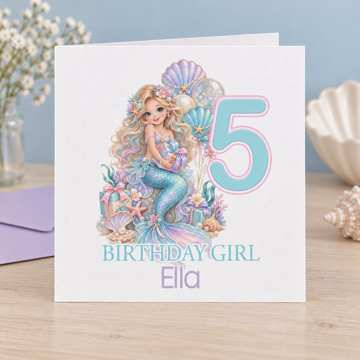 Personalised Mermaid Balloons and Shell Birthday Card, Any Age & Name, 6x6 Inch