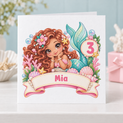 Personalised Mermaid Birthday Card, Any Age & Name, 6x6 Inch